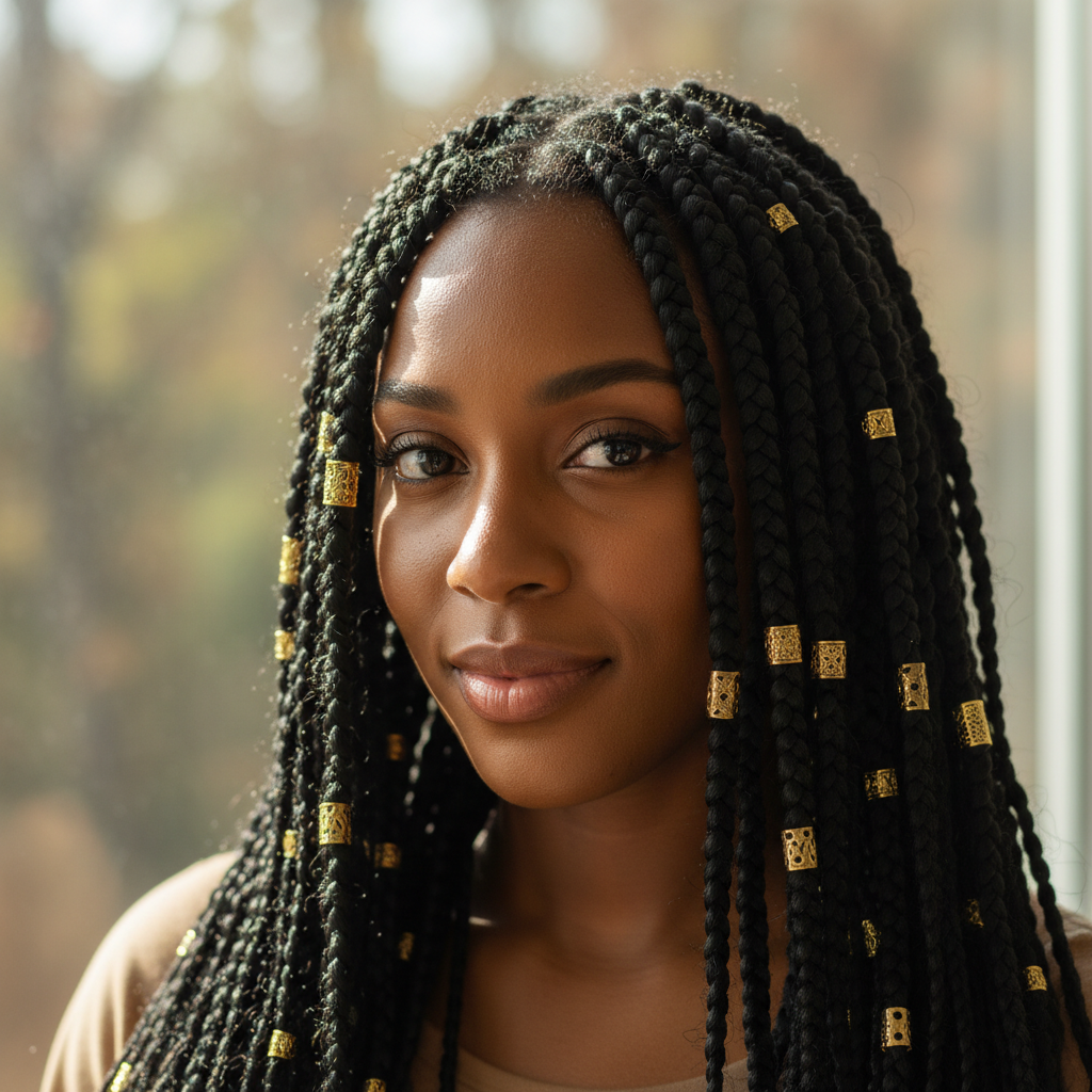Black woman with Fulani braids featuring metallic gold thread wrapping