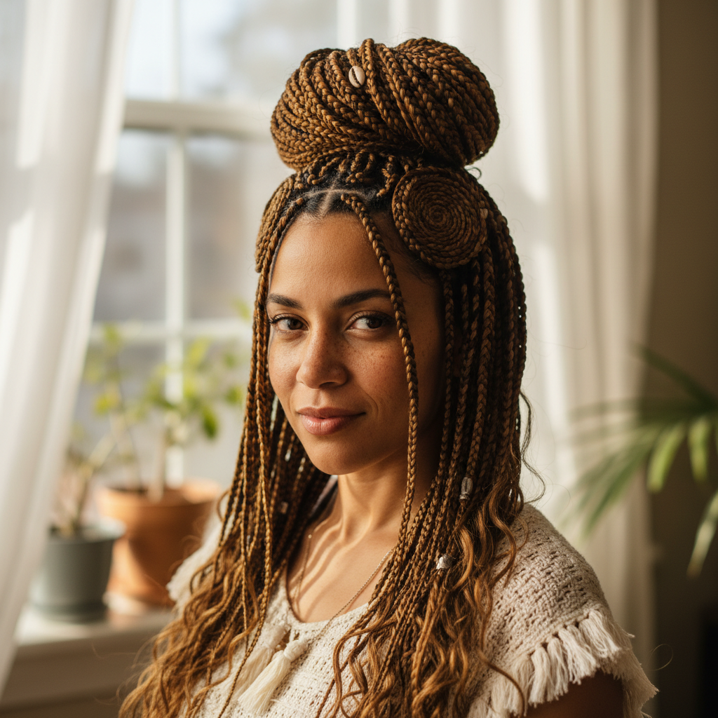 Woman with bohemian box braids with curly ends