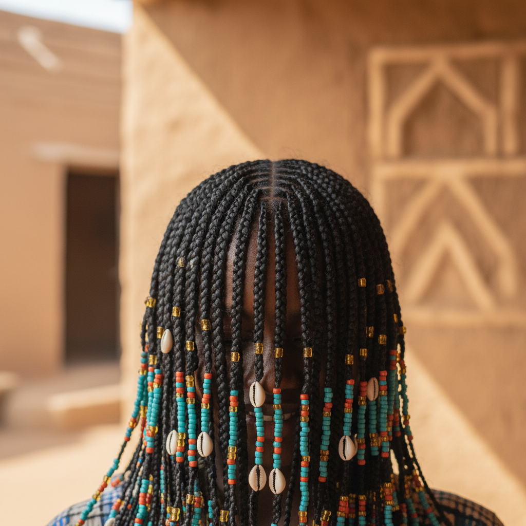 Black woman with traditional Fulani braids featuring center braid and decorative beads