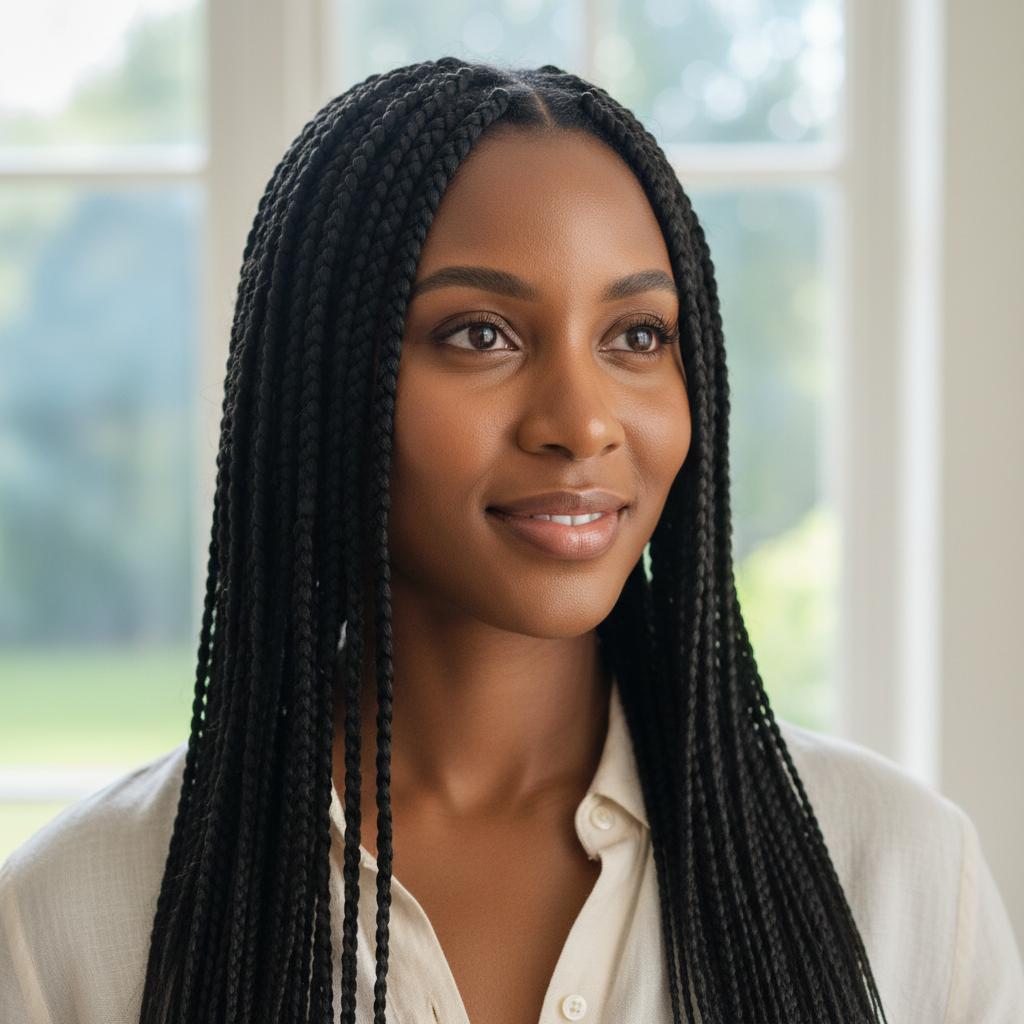 Woman with micro box braids styled in updo