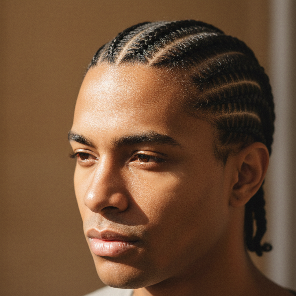 Man with feed-in cornrow braids