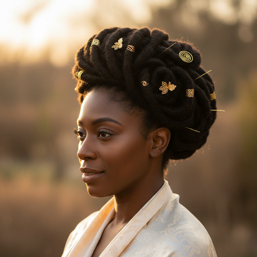 Black woman with elegant Ashanti braided bun updo