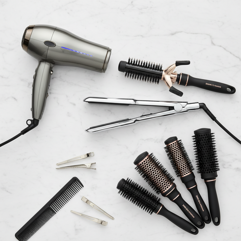 Set of professional braiding combs with metal tail ends on marble surface