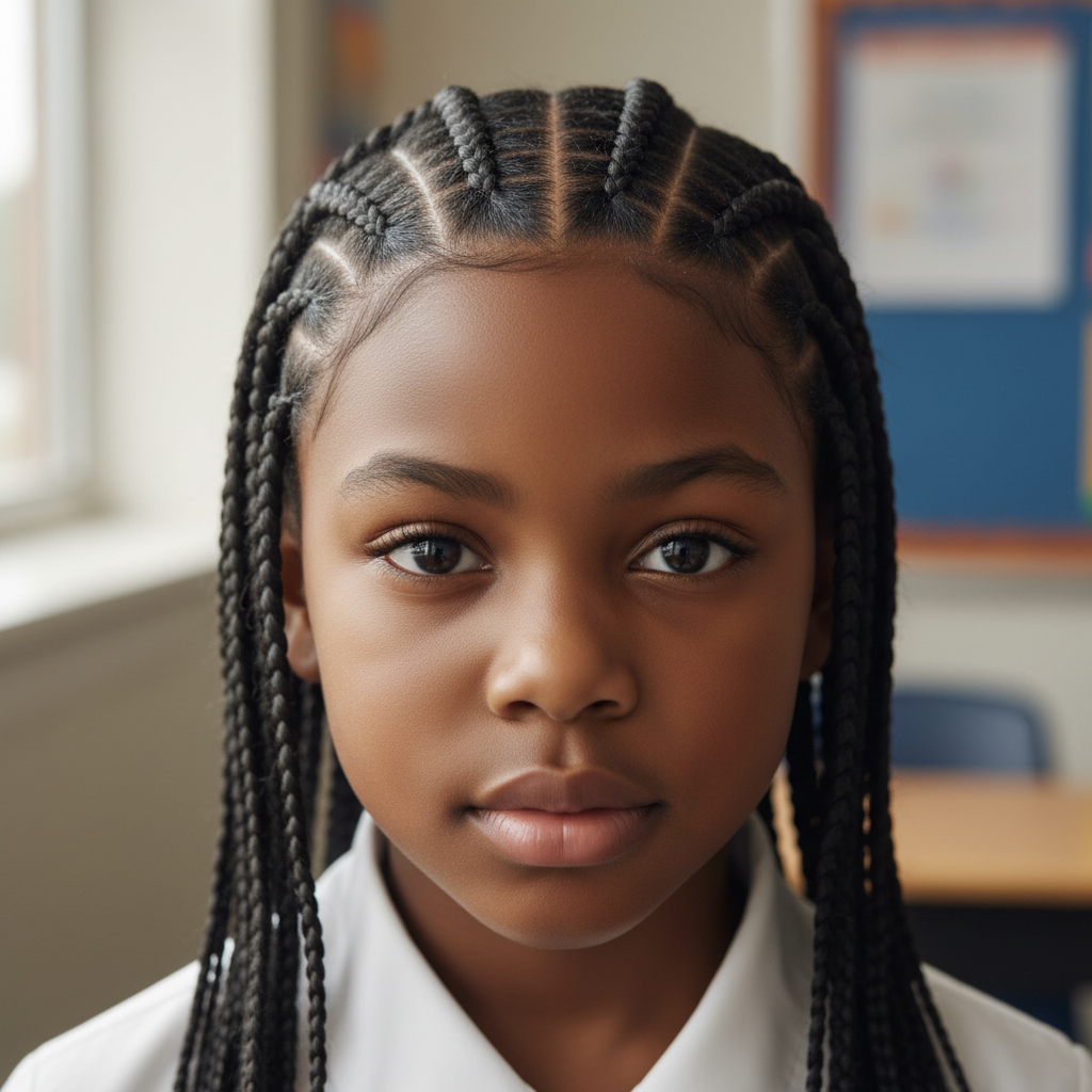 Child with straight-back cornrows