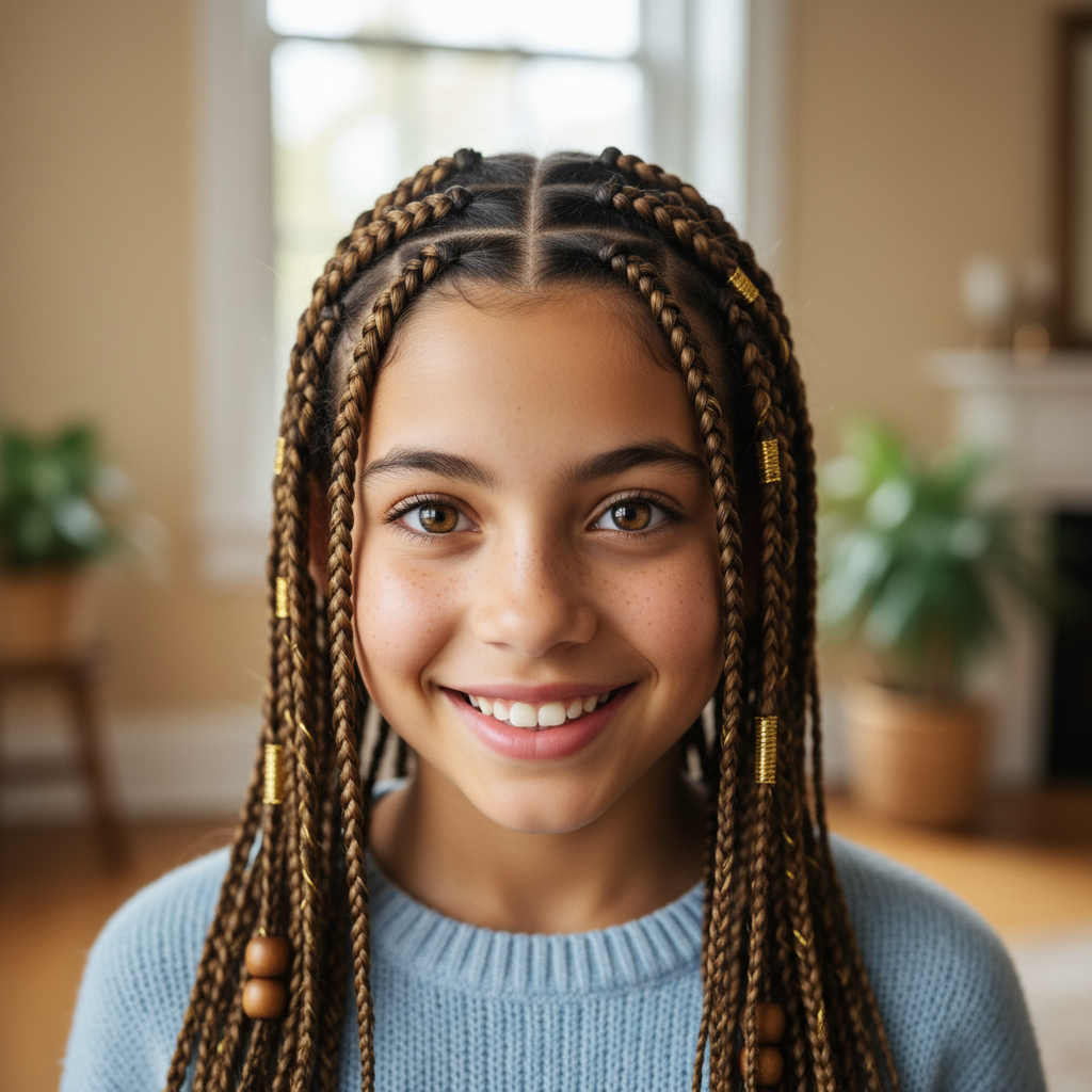 Child with triangle-parted box braids