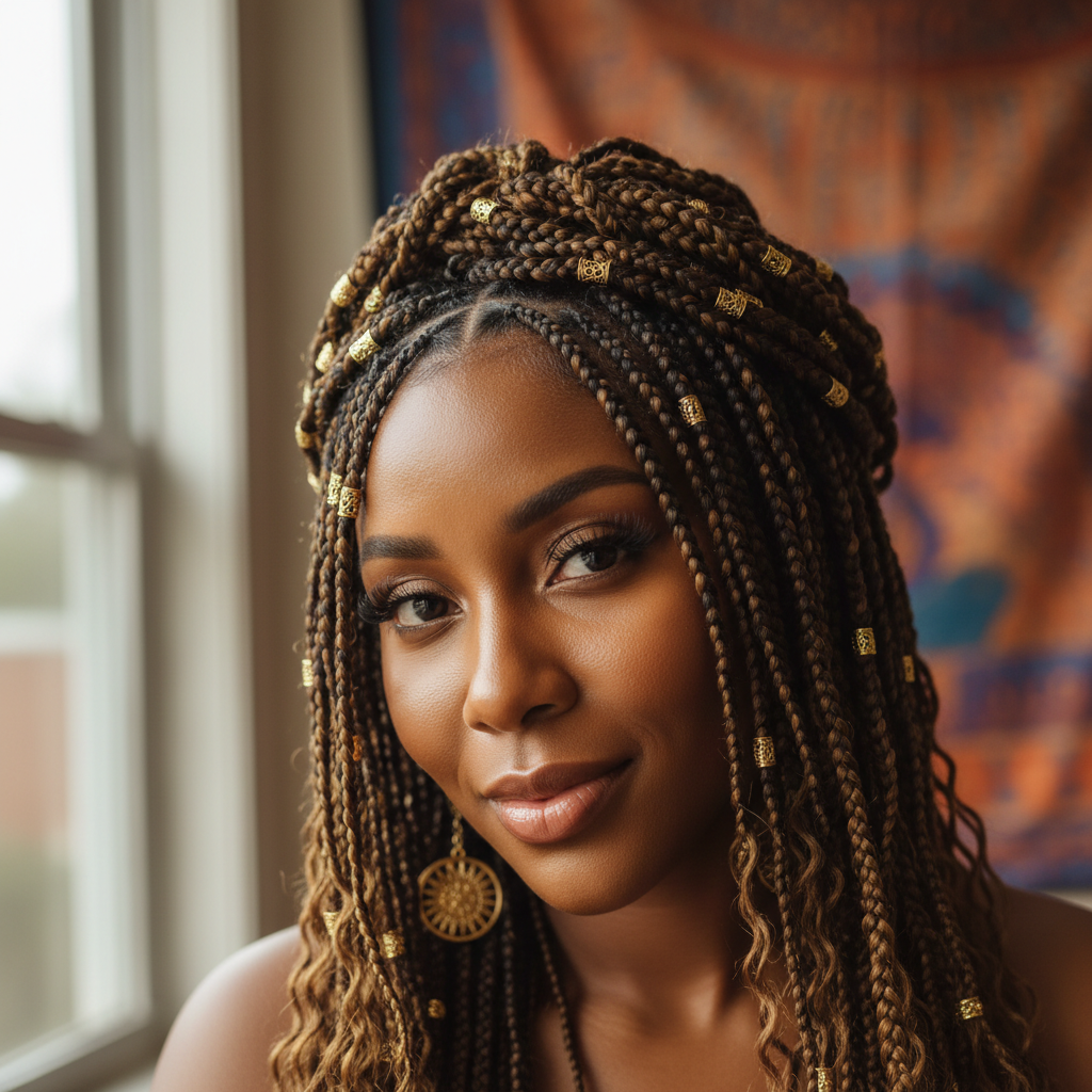 Black woman with Egyptian-inspired goddess braids featuring thick, elegant braids with decorative elements