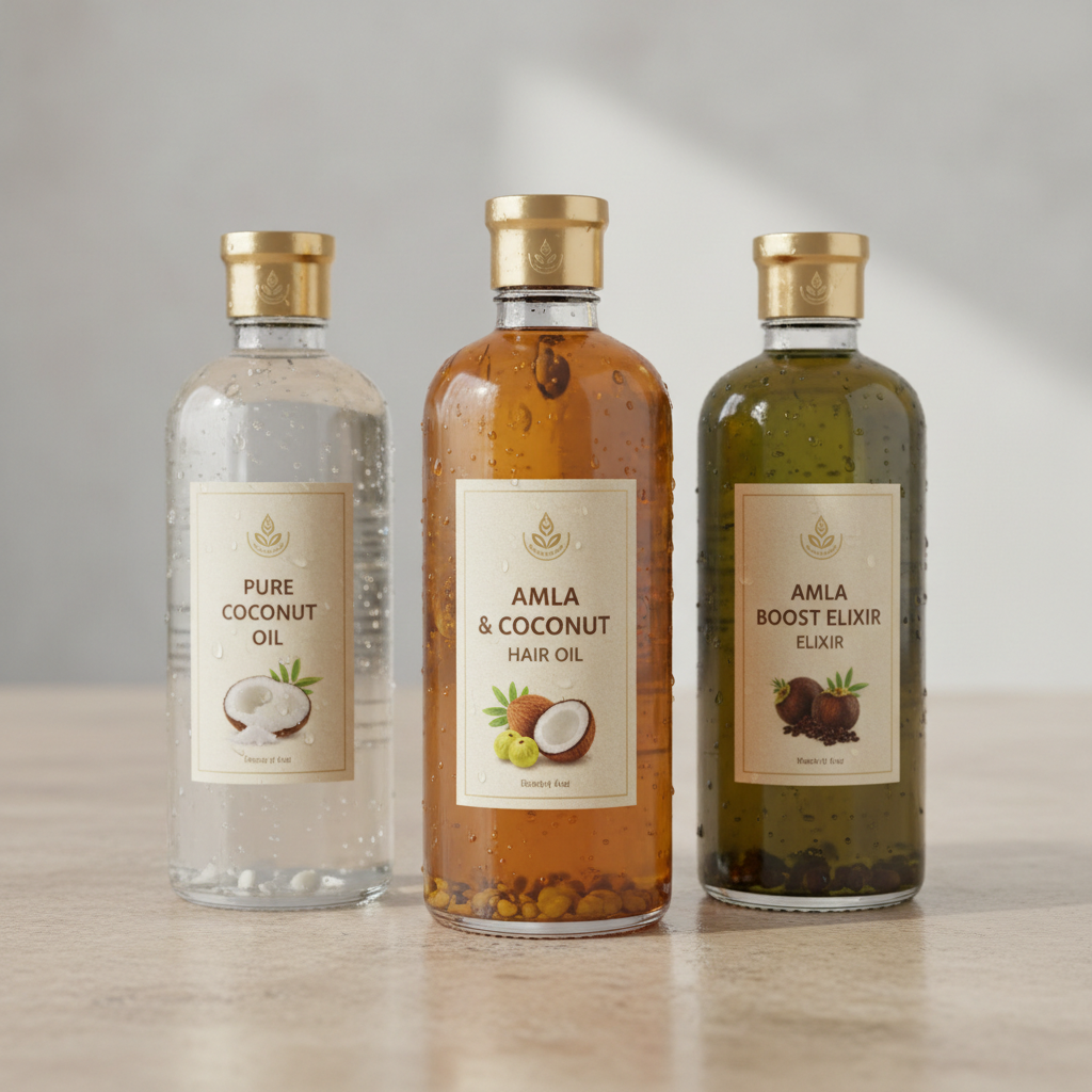 Natural hair oil bottles with botanical ingredients for protective styling