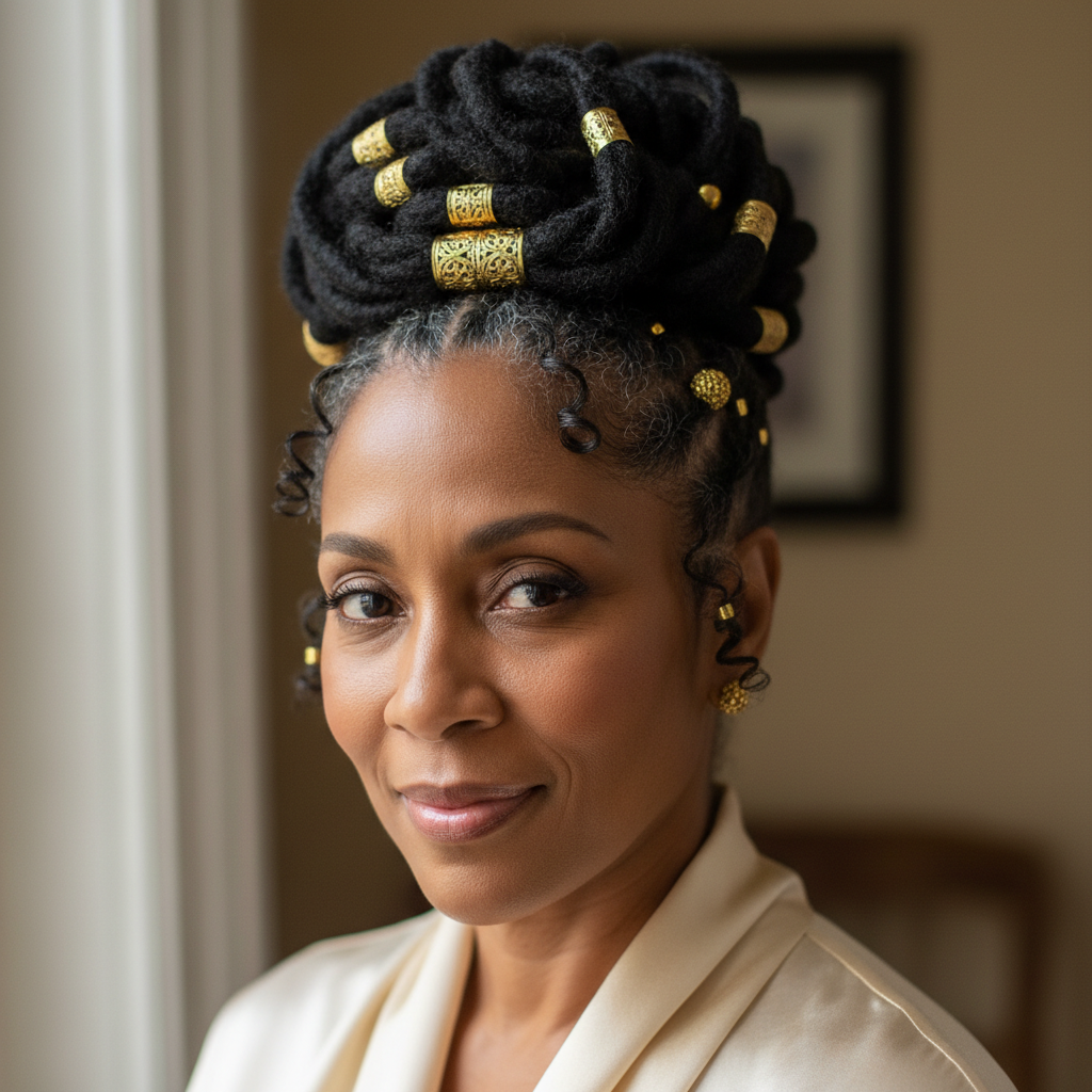 Woman with locs styled in an elegant updo