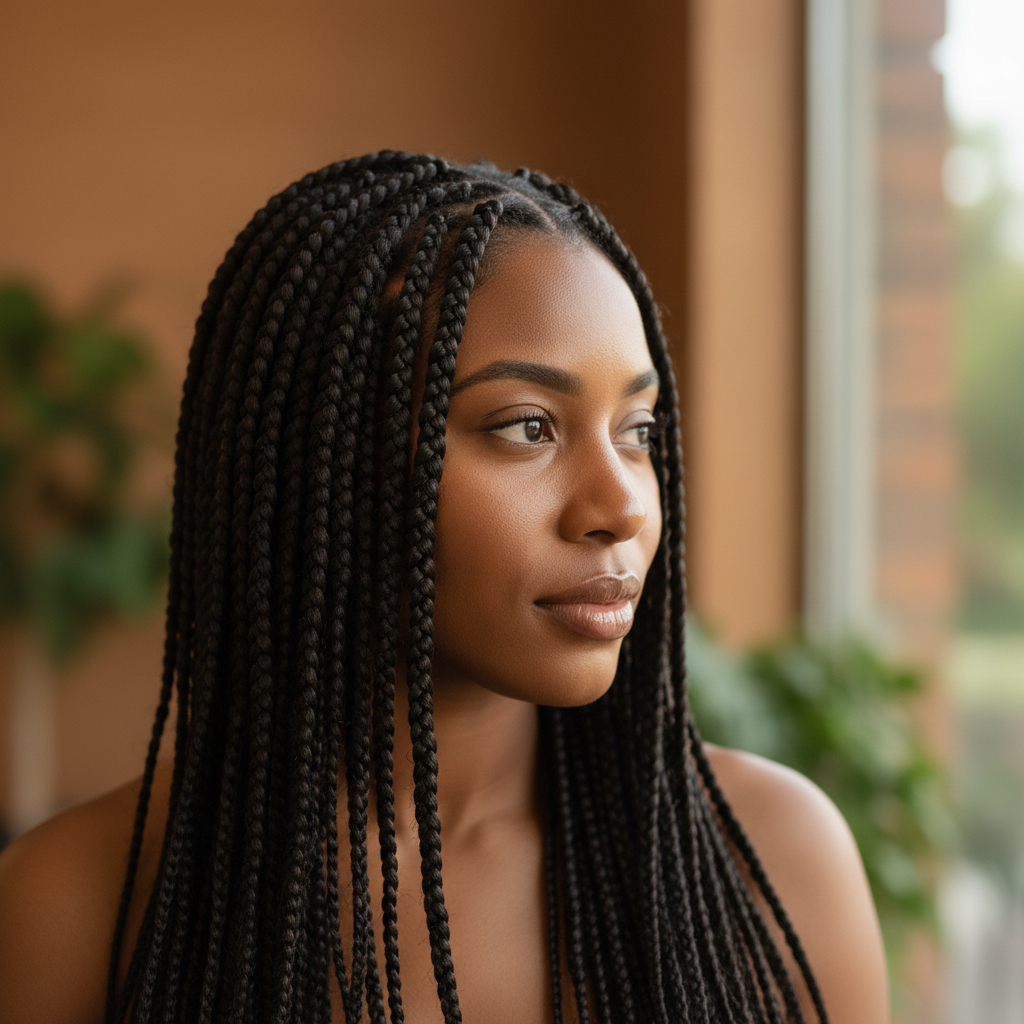 Black woman with beautiful knotless braids demonstrating expert protective styling technique