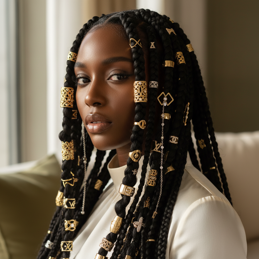 Elegant Black woman with beautifully styled braids showcasing premium braiding artistry