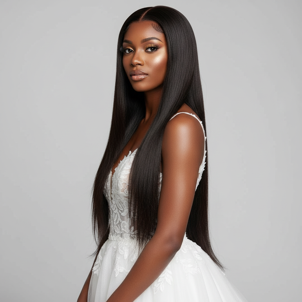 Bridal Wig Installation Antwerp – three-quarter view in elegant bridal dress