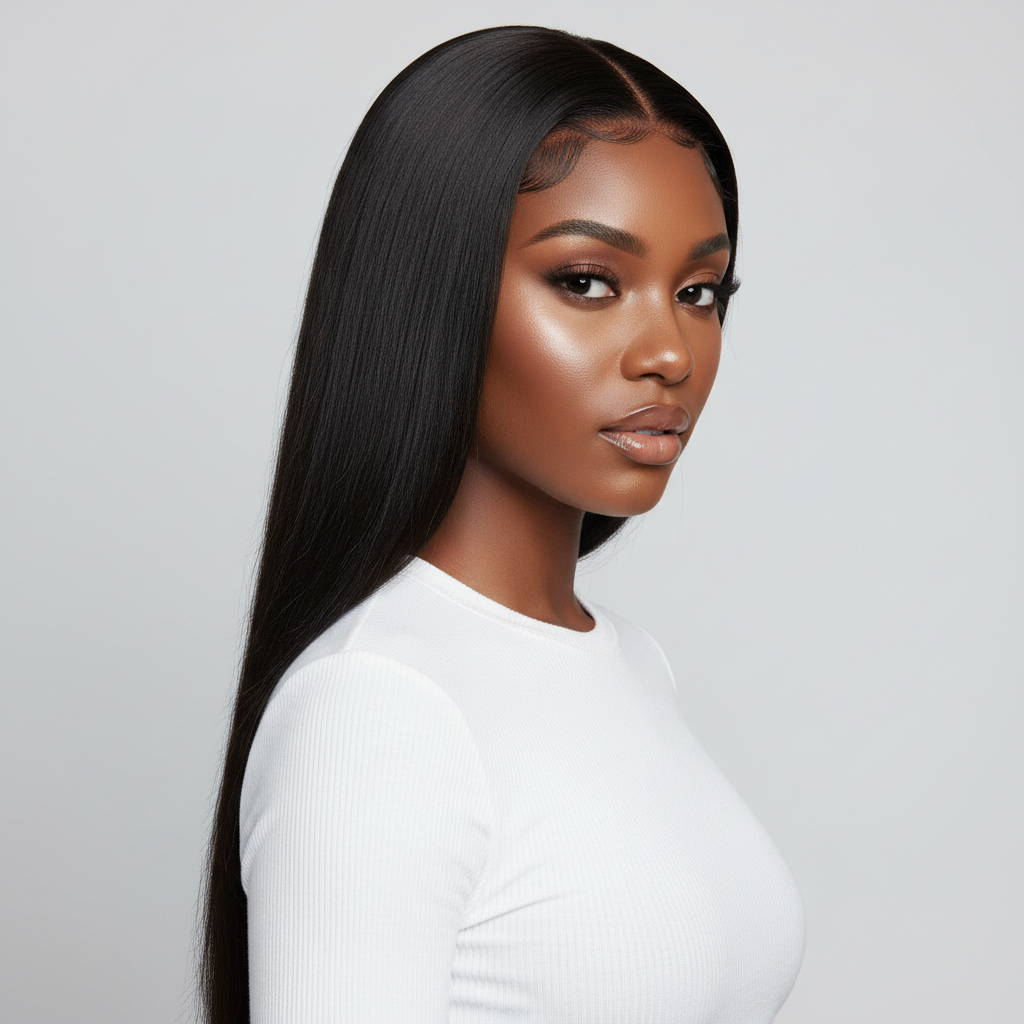 Glueless Wig Installation Antwerp – three-quarter view showing natural hairline without glue